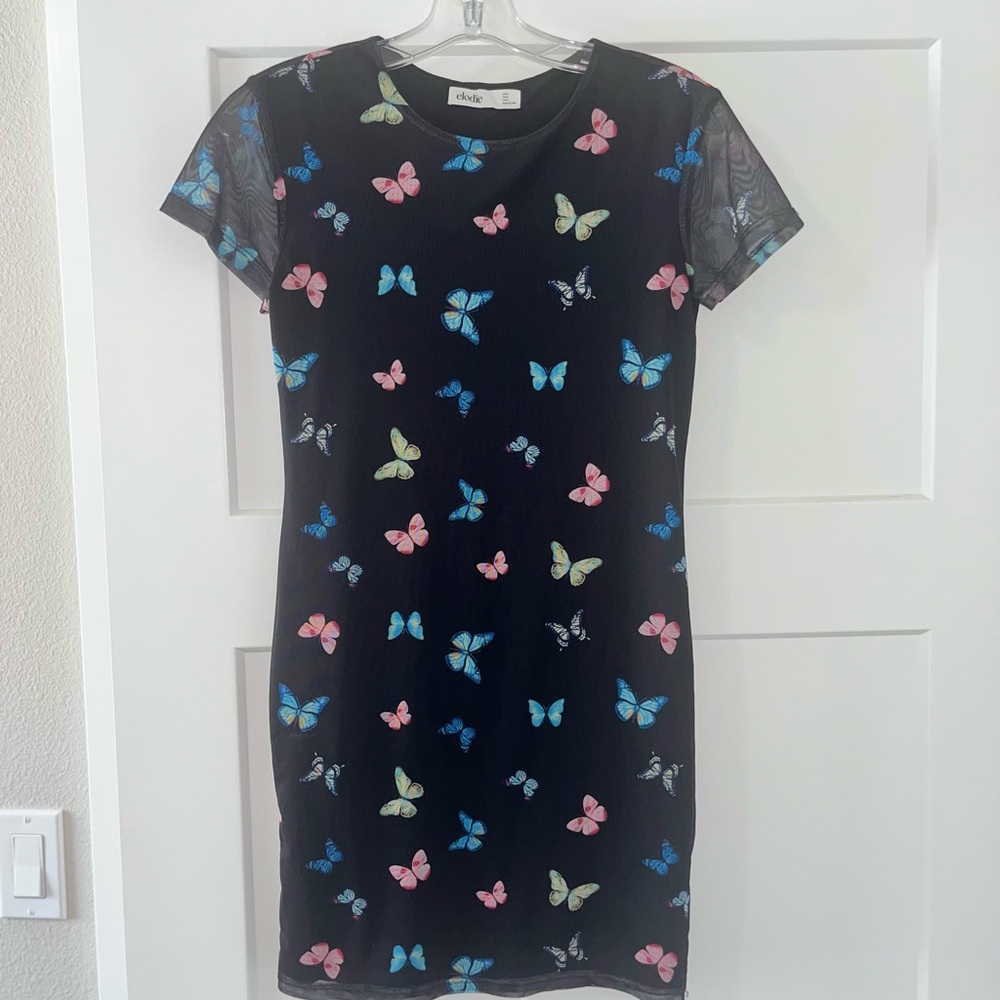 Elodie Black Dress with Vibrant Butterfly Design